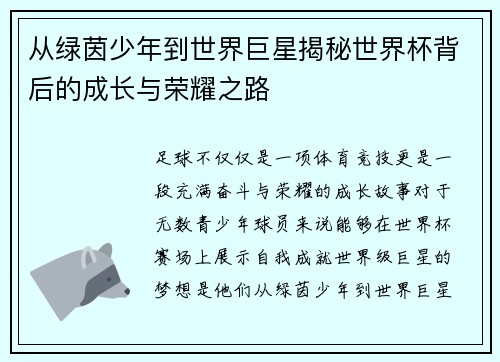 从绿茵少年到世界巨星揭秘世界杯背后的成长与荣耀之路 从绿茵少年到世界巨星揭秘世界杯背后的成长与荣耀之路