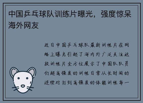 中国乒乓球队训练片曝光，强度惊呆海外网友