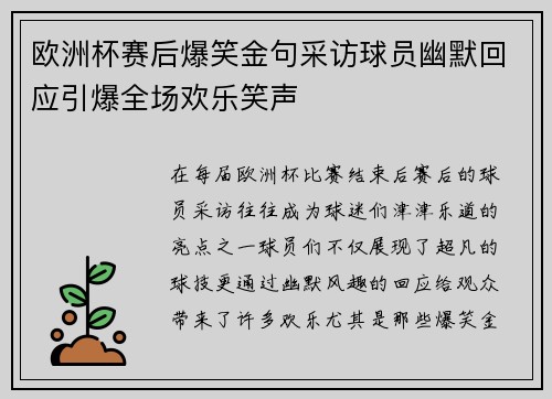 欧洲杯赛后爆笑金句采访球员幽默回应引爆全场欢乐笑声